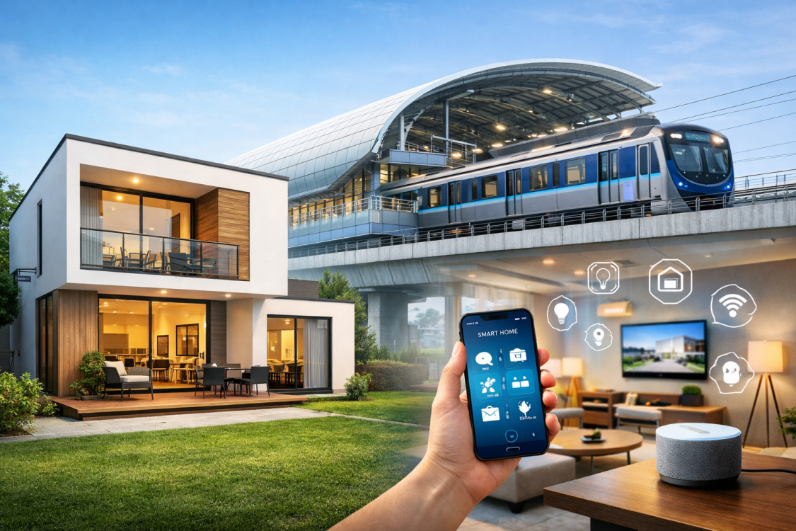Ilustrasi tren hunian 2026 dengan rumah minimalis, teknologi smart home, dan akses transportasi publik.